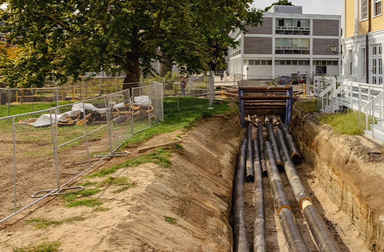 Newly laid distribution pipes next to the Davis Center