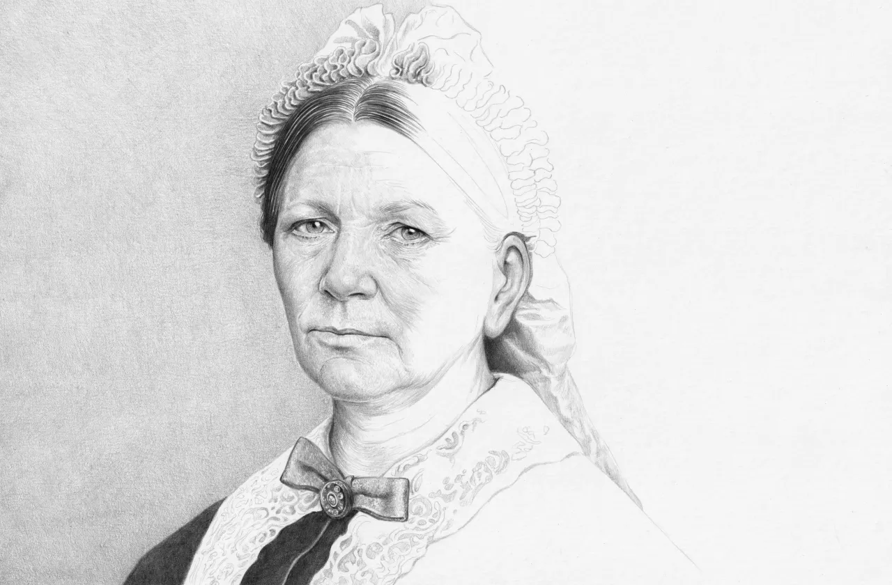 An artist's rendition of Sophia Smith as a pencil sketch.