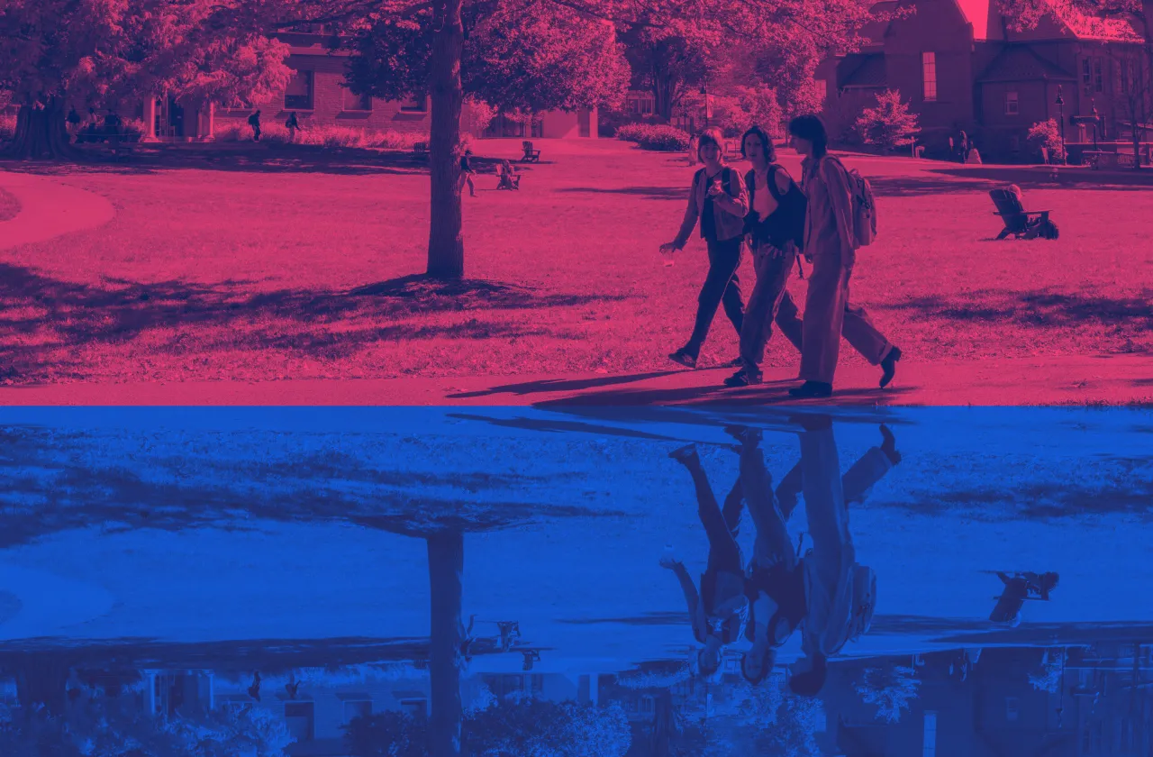 Three students walking on Smith's campus; the top of the photo is right side up, the bottom half of the photo is upside down.