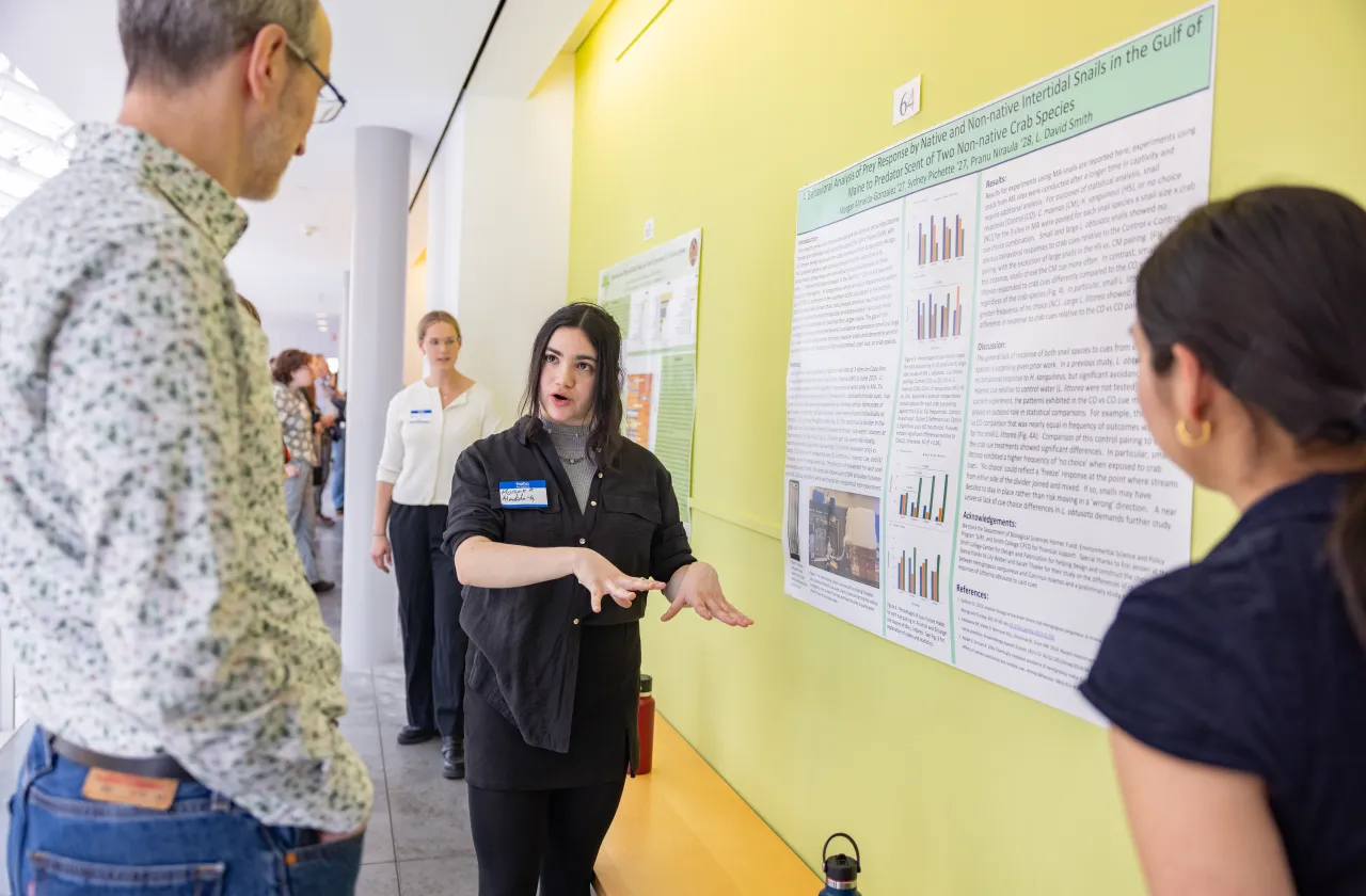A student explains their poster presentation at Collaborations