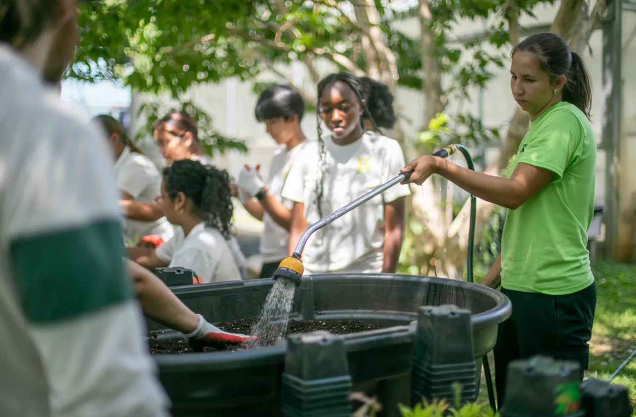 FAO Schwarz Fellow Julia Beyer '26 (at right) helps teens at an outdoor plant sale 