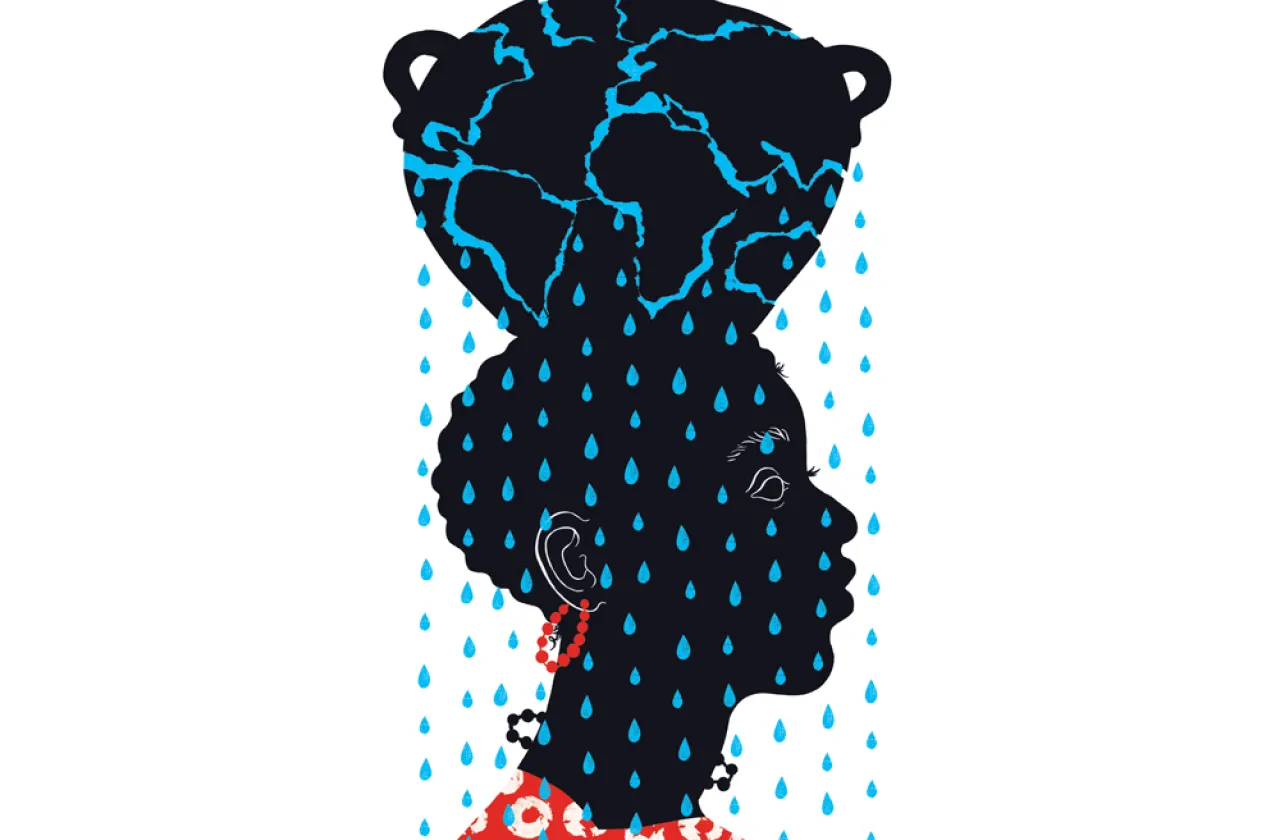 Illustration: black silhouette of a woman carrying a jar on her head. The jar is cracked and blue raindrops are falling down.