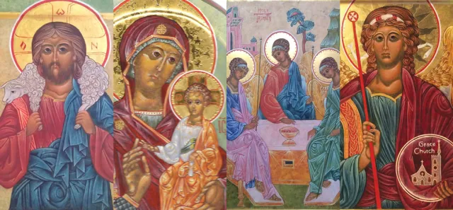 icons by Sandy Lillydahl: The Good Shepherd, Hodegetria, the Trinity, the Archangel Michael as the Patron saint of Grace Episcopal Church in Amherst Massachusetts