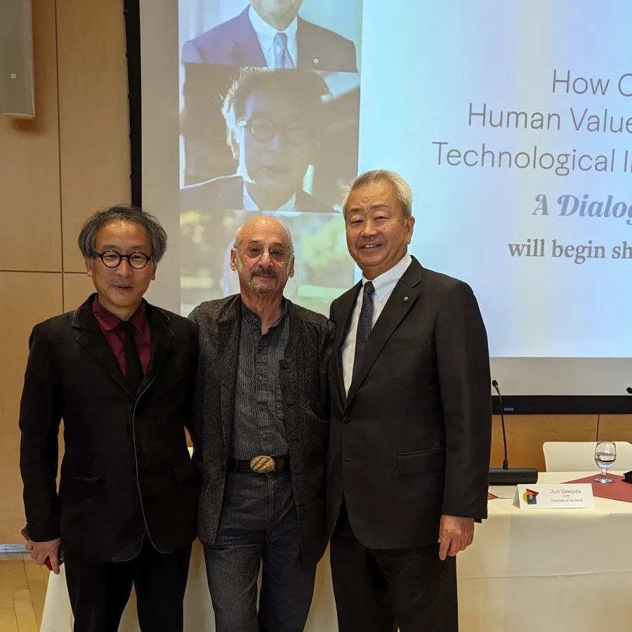 Yasuo Deguchi, Vice Provost for Humanities at Kyoto University, Jay Garfield, Doris Silbert Professor in the Humanities and Professor of Philosophy, Logic and Buddhist Studies, and Jun Sawada, Chairman of the Board, NTT.