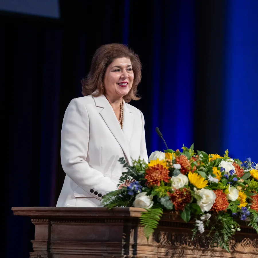 Farah Pandith speaks to a crowd at Cromwell Day 2025.