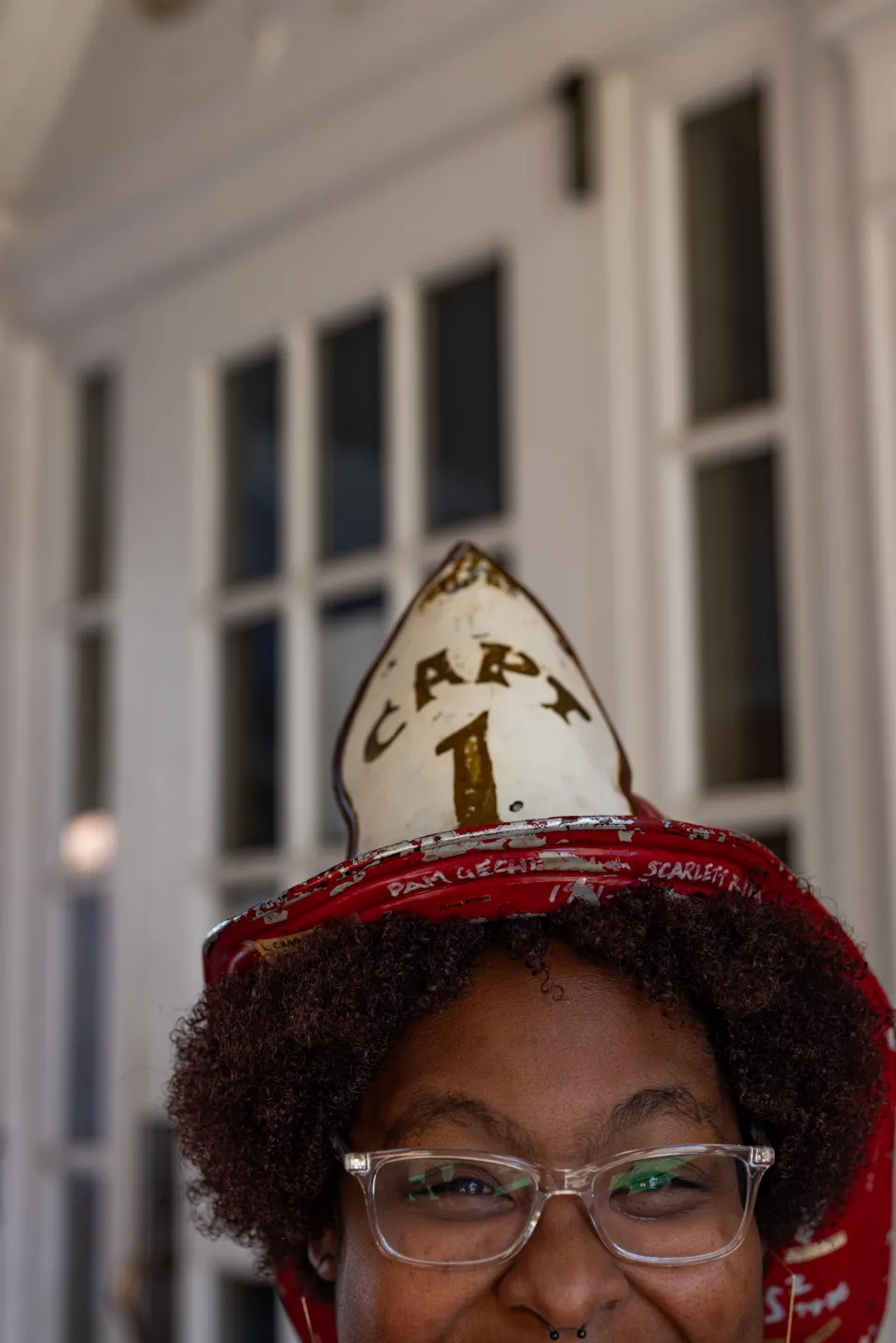 Diamond Jones, seen from the eyes up, wearing the Comstock Fire Captains helmet