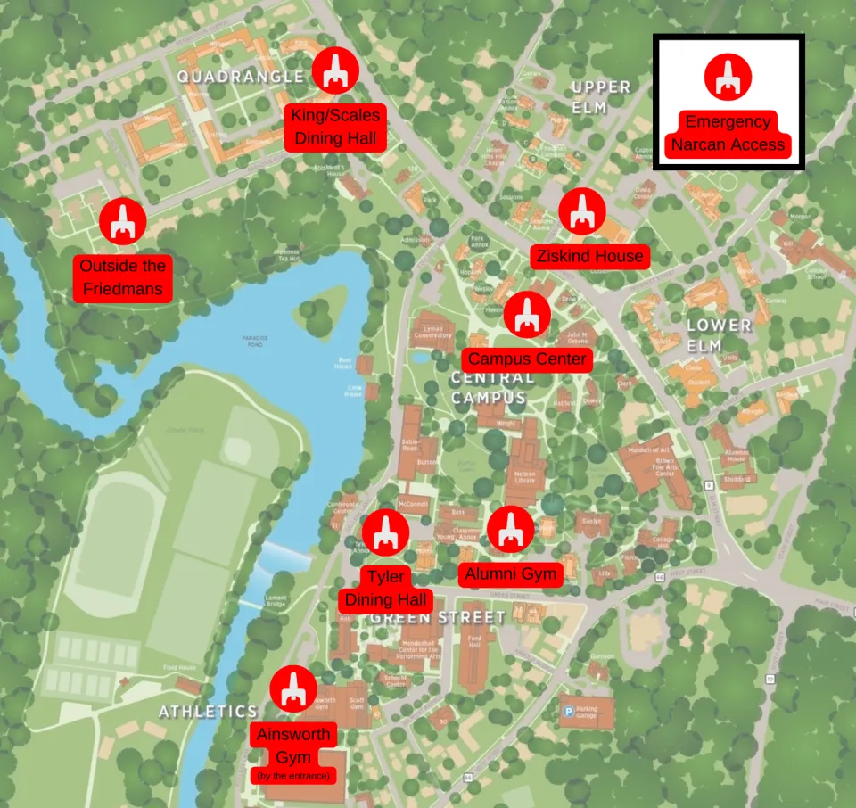 Smith College campus map of Narcan locations