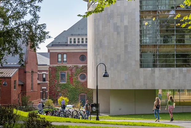 Students walking in front of Neilson Library.